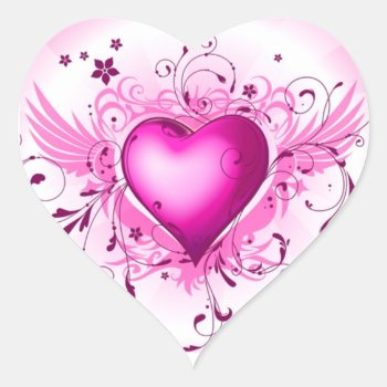 Pink Heart And Delicate Swirls And Flowers Heart Sticker by teeloft at Zazzle