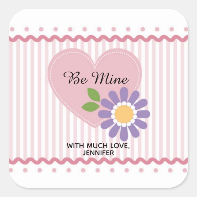Pink Heart and Flower Valentine Square Sticker (Front)