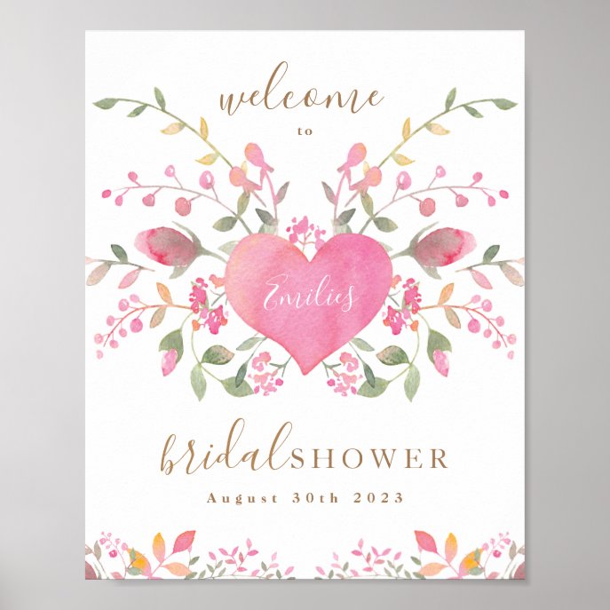 Pink Heart and Flowers Bridal Shower Welcome Poster