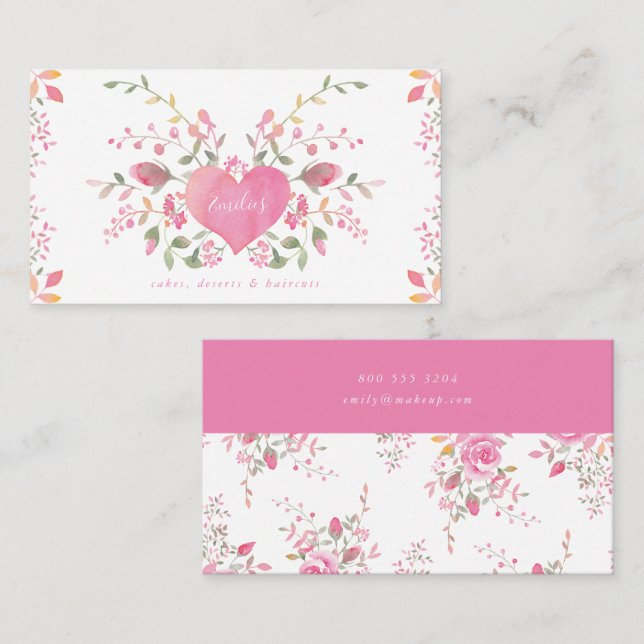 Pink Heart and Flowers Business Card (Front/Back)