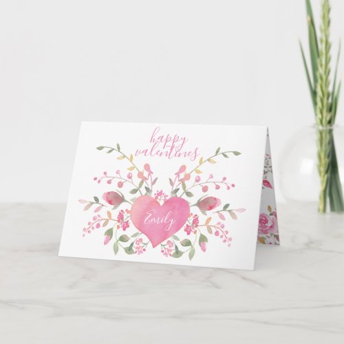 Pink Heart and Flowers Valentines Day Card