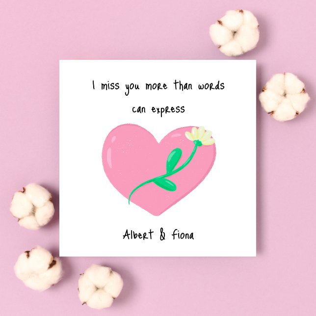 Pink Heart and White Flower Miss You Note Card (Creator Uploaded)