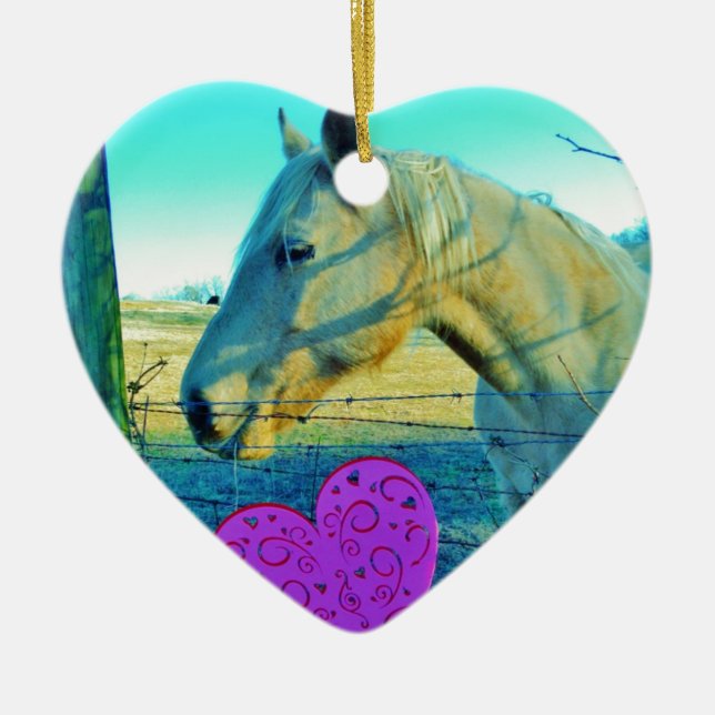 Pink Heart and Yellow Horse Ceramic Ornament (Front)