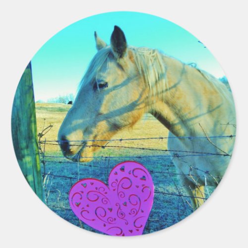 Pink Heart and Yellow Horse Classic Round Sticker