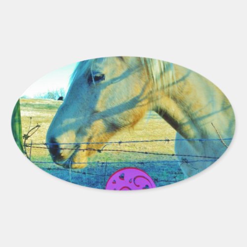 Pink Heart and Yellow Horse Oval Sticker