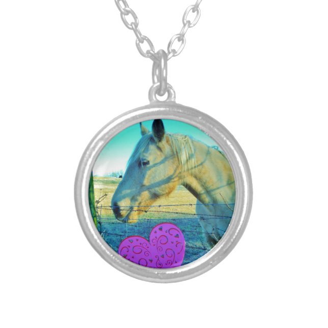 Pink Heart and Yellow Horse Silver Plated Necklace (Front)