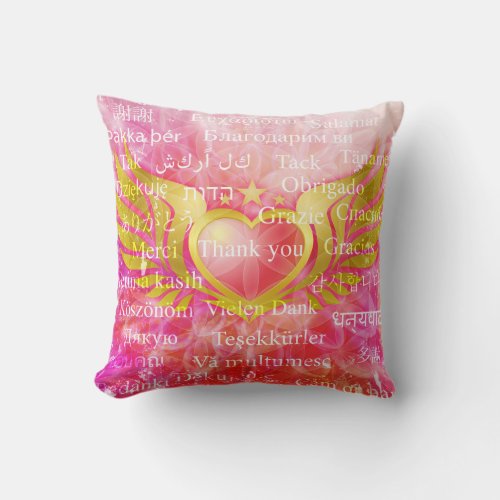 Pink Heart Angel Wings with THANK YOU 31 languages Throw Pillow