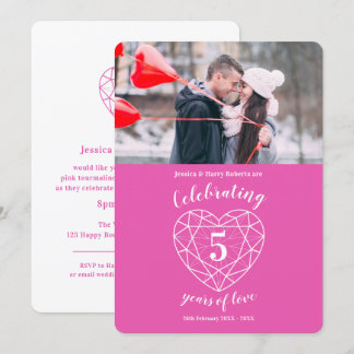 Pink heart anniversary 5 years photo invitations