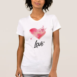 *~* Pink Heart & Arrow Women White Watercolor T-Shirt