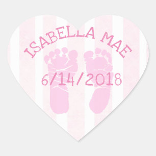Pink Heart Baby Announcement Footprints Heart Sticker
