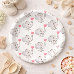 Pink Heart Baby Elephant Paper Plate