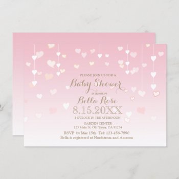 Pink Heart Baby Girl Baby Shower Invitations by FancyMeWedding at Zazzle