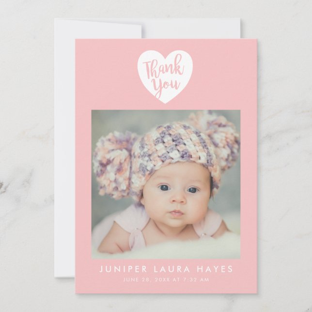 Pink Heart Baby Girl Thank You Birth Announcement (Front)
