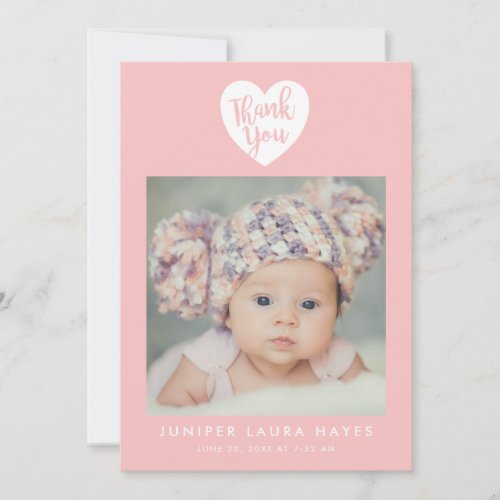 Pink Heart Baby Girl Thank You Birth Announcement