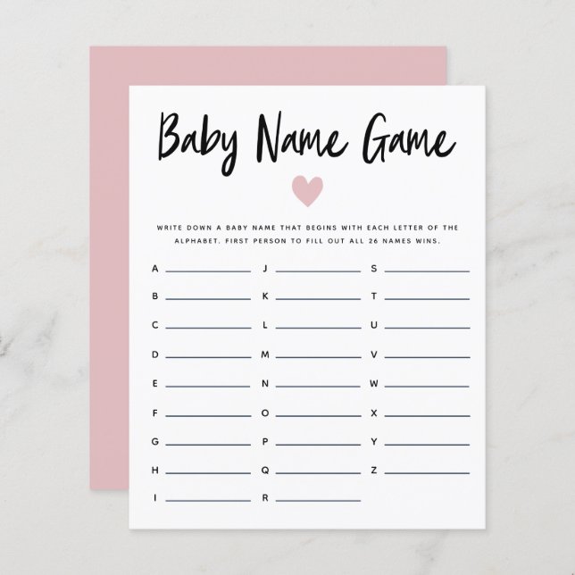 Pink Heart Baby Name Shower Game (Front/Back)