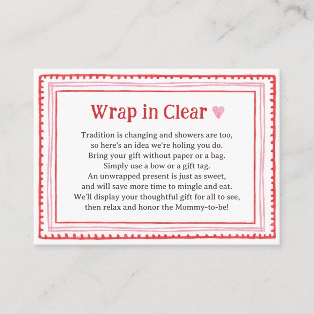 Pink Heart Baby Shower Wrap In Clear Enclosure Card (Front)