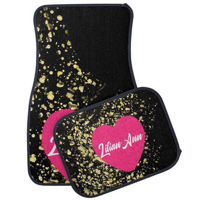 Pink Heart Balck Personalized Name Car Floor Mat (Set)
