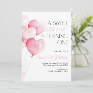 Pink Heart Balloon First Birthday Invitation