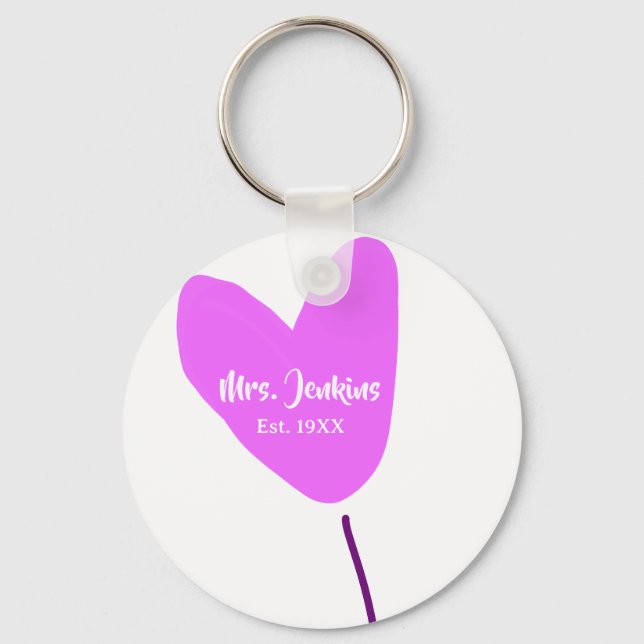Pink heart balloon Mrs add name est. Add year love Keychain (Front)
