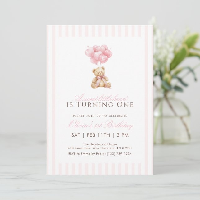 Pink Heart Balloon Teddy Bear 1st Birthday Invitation (Standing Front)