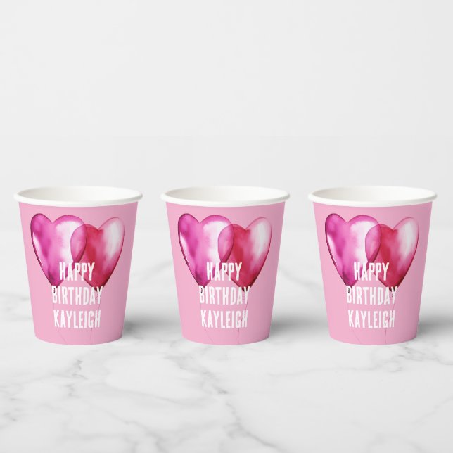 Pink Heart Balloons Birthday Paper Cups (Multi)