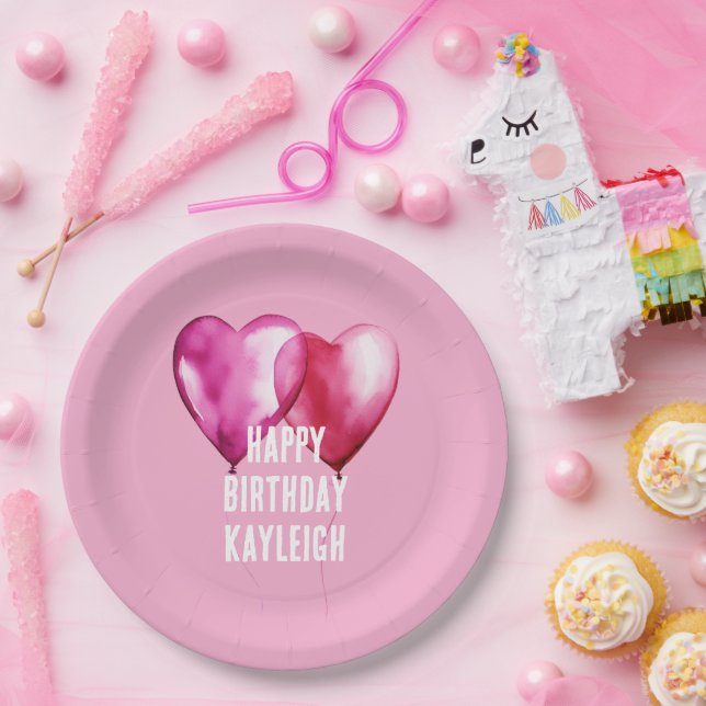 Pink Heart Balloons Birthday Paper Plates (Party)