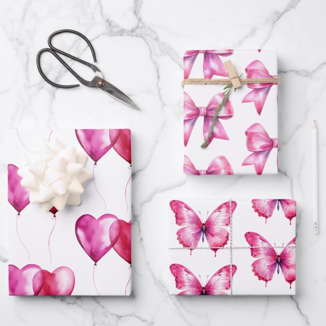 Pink Heart Balloons Birthday Wrapping Paper Sheets (Front)