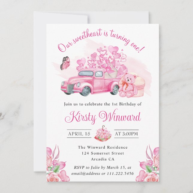 Pink Heart Balloons Valentine's Truck 1st Birthday Invitation (Front)