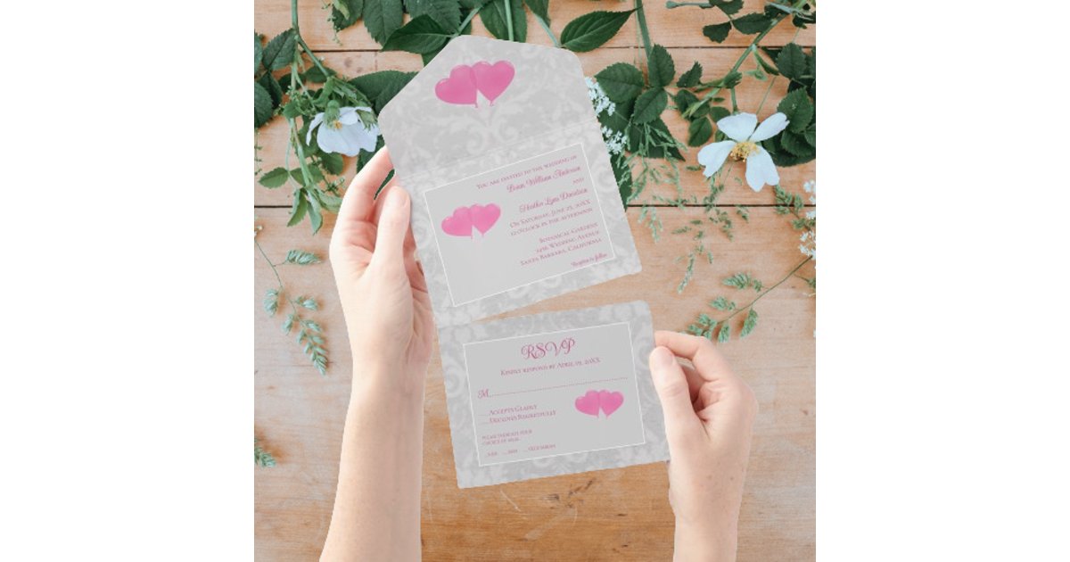 Pink Invitations Heart Pink Heart Balloons Wedding All In One Invitation | Zazzle