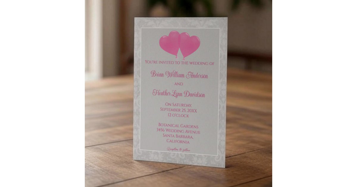 Pink Invitations Heart Pink Heart Balloons Wedding Invitation | Zazzle