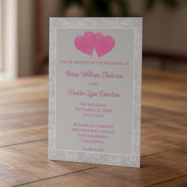 Pink Heart Balloons Wedding Invitation (Pink Heart Balloons Wedding Invitation)