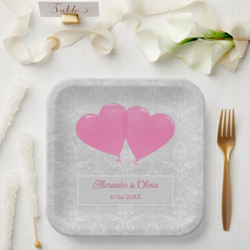 Pink Heart Balloons Wedding Shower Paper Plates