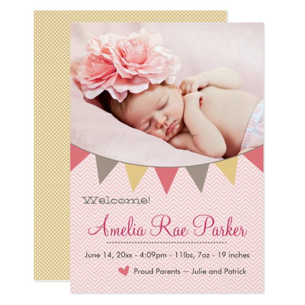 Pink Heart & Banner - New Baby Birth Announcement