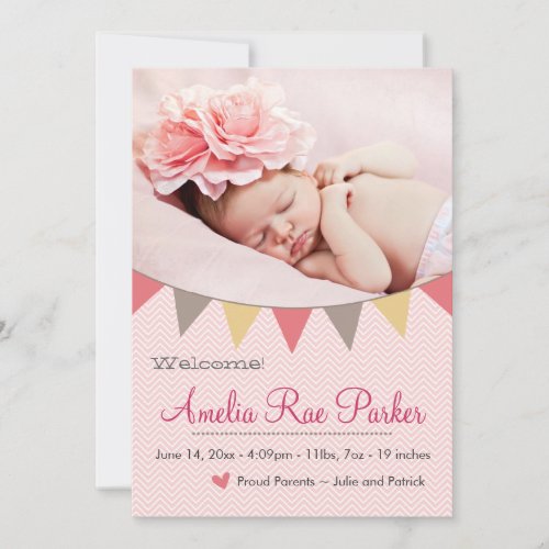 Pink Heart &amp; Banner - New Baby Birth Announcement