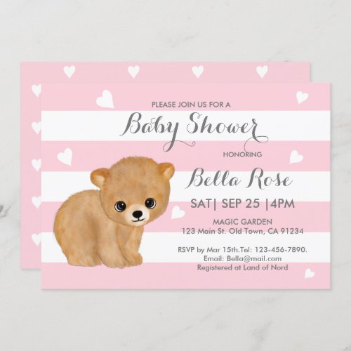 Pink Heart Bear Baby Shower Invitations