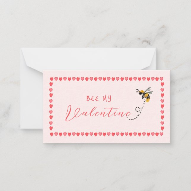 Pink heart Bee My Mini Valentine  Note Card (Front)