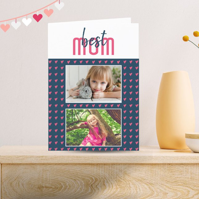 Pink Heart Best Mom 2 Photo Mother`s Day Holiday Card (Creator Uploaded)