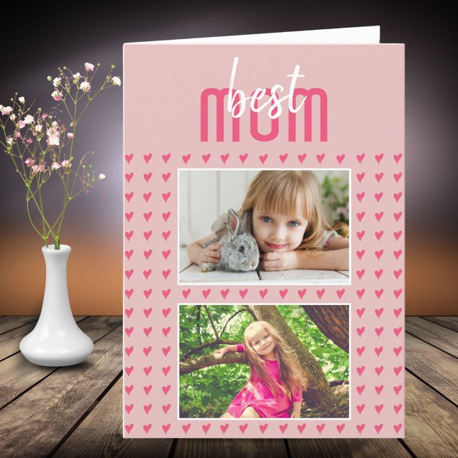 Pink Heart Best Mom 2 Photo Mother`s Day Holiday Card (Creator Uploaded)