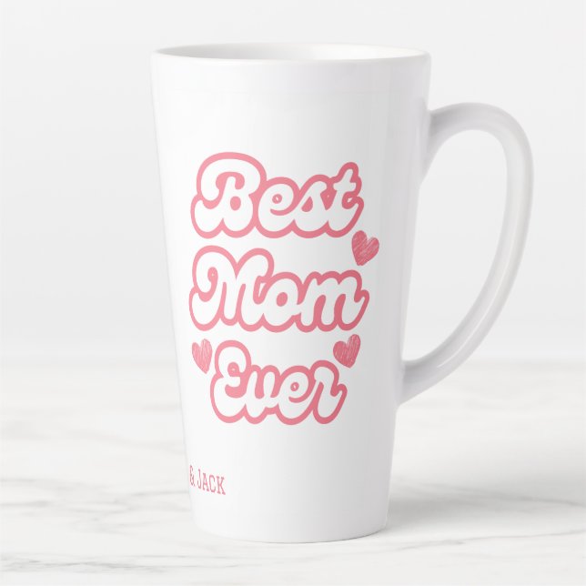 Pink Heart Best Mom Ever Kids Names Latte Mug (Right)