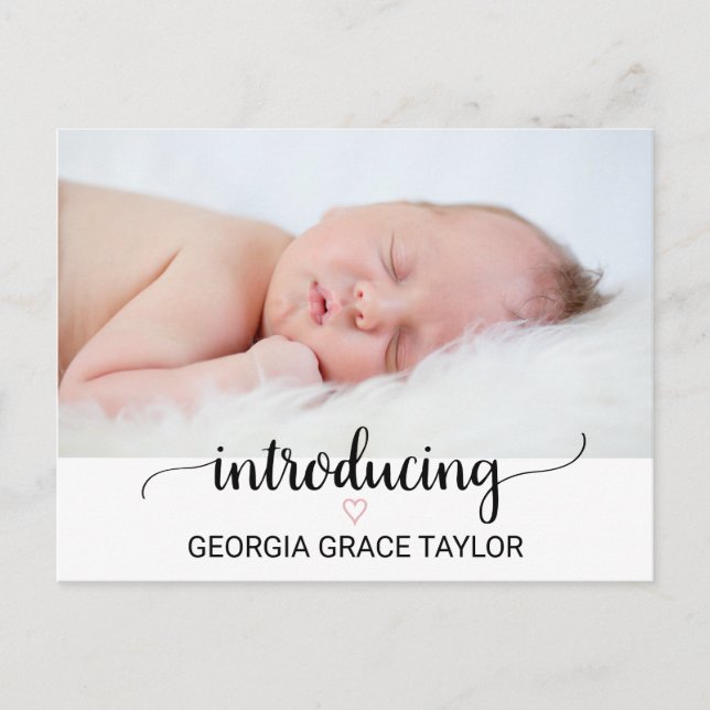 Pink Heart | Black Calligraphy Birth Announcement Postcard (Front)