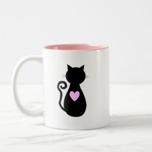 Pink Heart & Black Cat  Two-Tone Coffee Mug