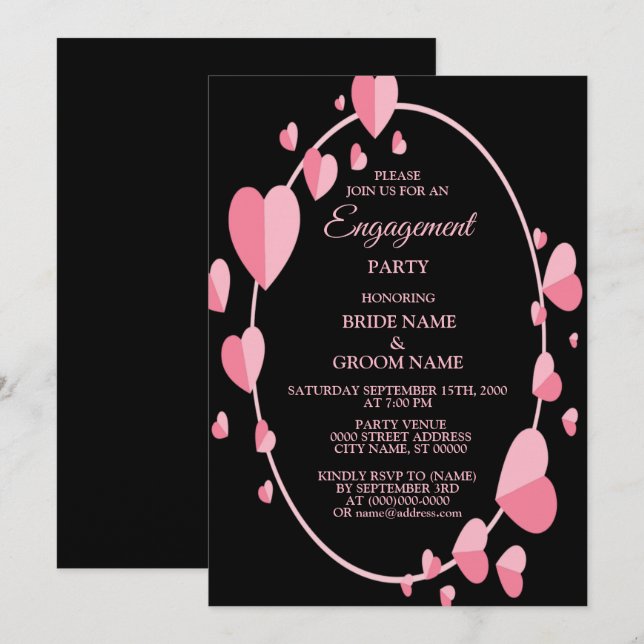 Pink Heart Black Geometric Engagement Party Invitation (Front/Back)