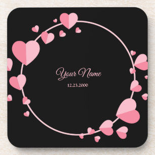 Pink Heart Black Geometric Wedding Party Elegant Beverage Coaster