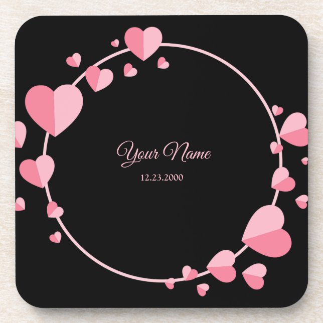 Pink Heart Black Geometric Wedding Party Elegant Beverage Coaster (Front)