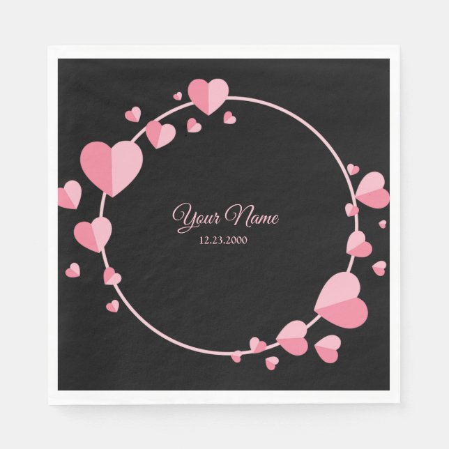 Pink Heart Black Geometric Wedding Party Elegant Napkins (Front)