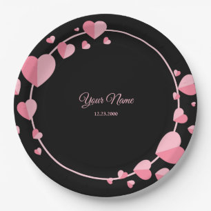 Pink Heart Black Geometric Wedding Party Elegant Paper Plates