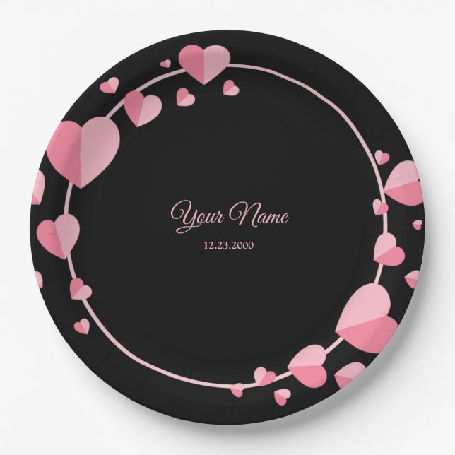 Pink Heart Black Geometric Wedding Party Elegant Paper Plates (Front)