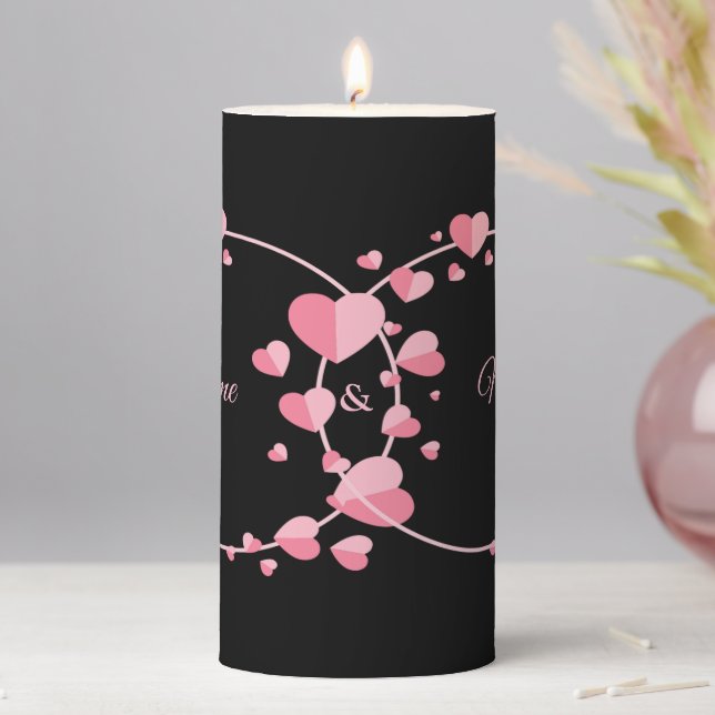 Pink Heart Black Geometric Wedding Party Elegant Pillar Candle (In Situ)
