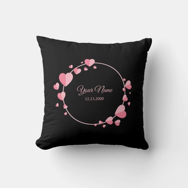 Pink Heart Black Geometric Wedding Party Elegant T Throw Pillow (Front)