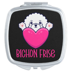 Pink Heart Black Makeup Artist Bichon Frise Dog Compact Mirror